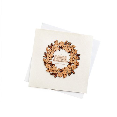 Christmas Card with Wood Cut Wreath Design and Envelope